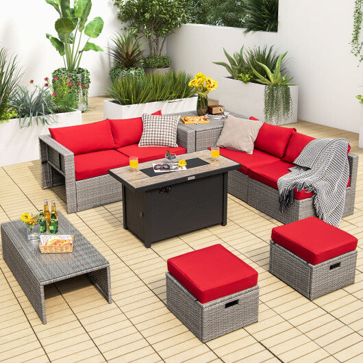 9 Pieces Patio Furniture Set with 42 Inches 60000 BTU Fire Pit-Red - Color: Red