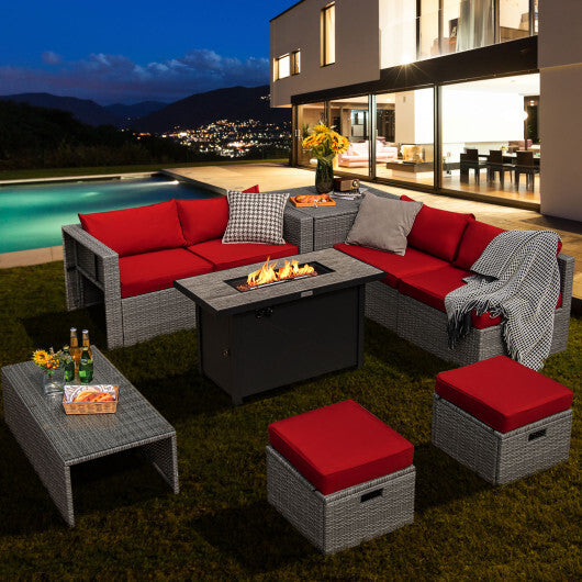 9 Pieces Patio Furniture Set with 42 Inches 60000 BTU Fire Pit-Red - Color: Red