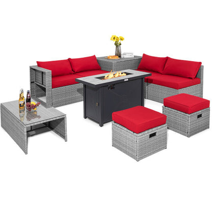 9 Pieces Patio Furniture Set with 42 Inches 60000 BTU Fire Pit-Red - Color: Red