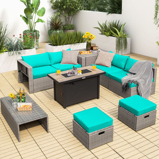 9 Pieces Patio Furniture Set with 42 Inches 60000 BTU Fire Pit-Turquoise - Color: Turquoise