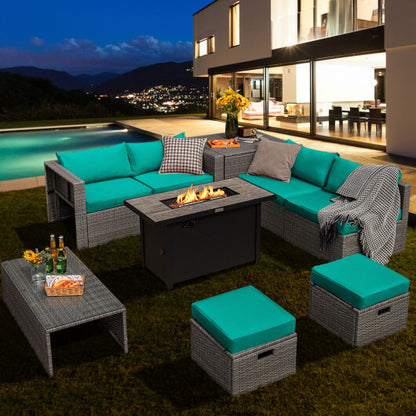 9 Pieces Patio Furniture Set with 42 Inches 60000 BTU Fire Pit-Turquoise - Color: Turquoise