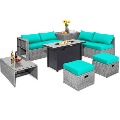 9 Pieces Patio Furniture Set with 42 Inches 60000 BTU Fire Pit-Turquoise - Color: Turquoise