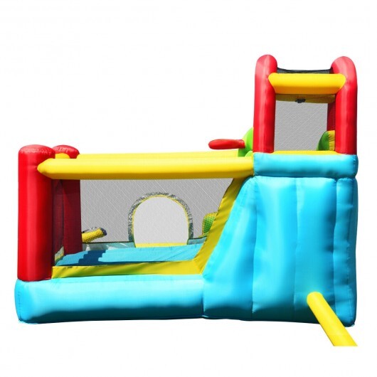 6-in-1 Inflatable Bounce House with Climbing Wall and Basketball Hoop without Blower - Color: Blue