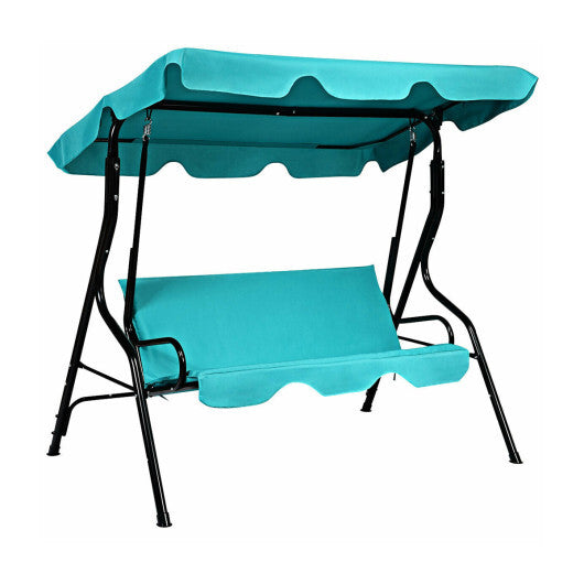 3 Seat Outdoor Patio Canopy Swing with Cushioned Steel Frame-Blue - Color: Blue