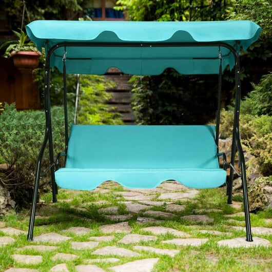 3 Seat Outdoor Patio Canopy Swing with Cushioned Steel Frame-Blue - Color: Blue