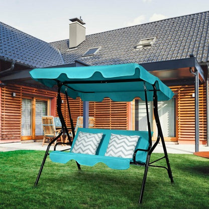 3 Seat Outdoor Patio Canopy Swing with Cushioned Steel Frame-Blue - Color: Blue