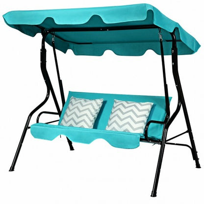 3 Seat Outdoor Patio Canopy Swing with Cushioned Steel Frame-Blue - Color: Blue