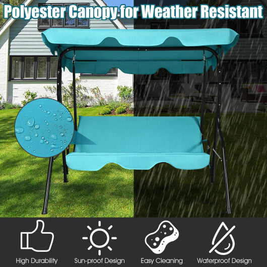 3 Seat Outdoor Patio Canopy Swing with Cushioned Steel Frame-Blue - Color: Blue