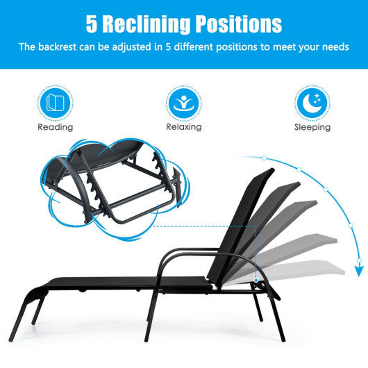 Adjustable Patio Chaise Folding Lounge Chair with Backrest-Black - Color: Black