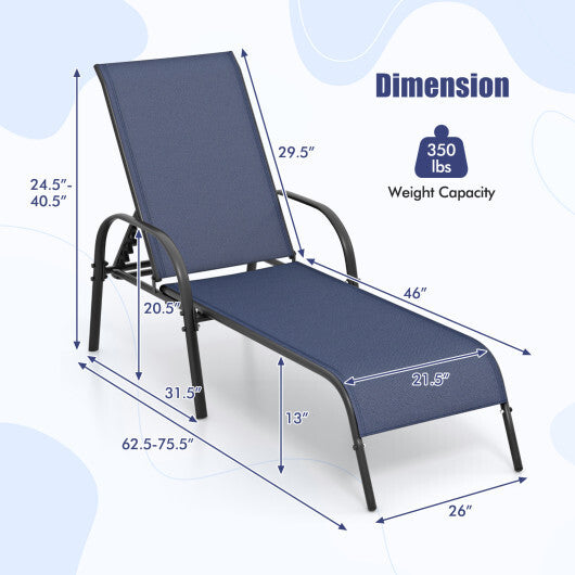 Adjustable Patio Chaise Folding Lounge Chair with Backrest-Navy - Color: Navy