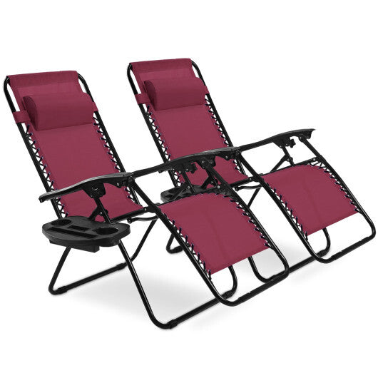 2 Pieces Folding Lounge Chair with Zero Gravity-Dark Red - Color: Dark Red