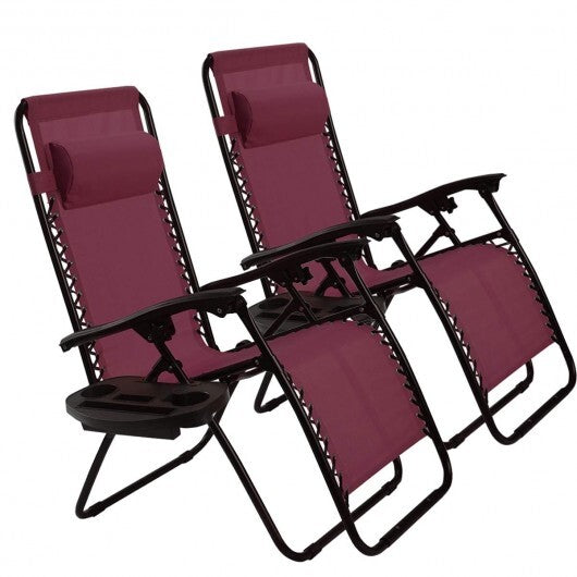 2 Pieces Folding Lounge Chair with Zero Gravity-Dark Red - Color: Dark Red