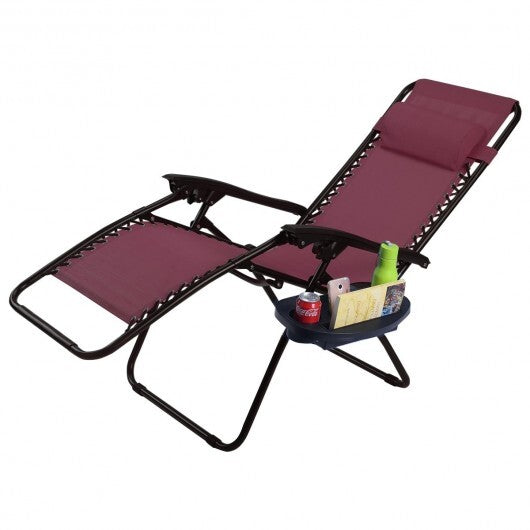 2 Pieces Folding Lounge Chair with Zero Gravity-Dark Red - Color: Dark Red