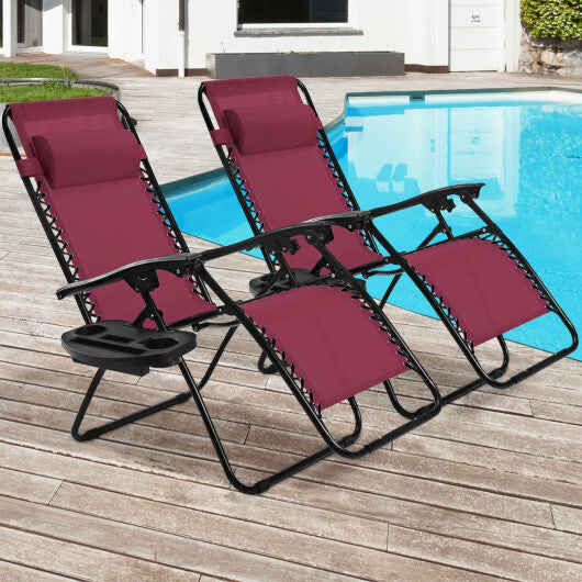 2 Pieces Folding Lounge Chair with Zero Gravity-Dark Red - Color: Dark Red