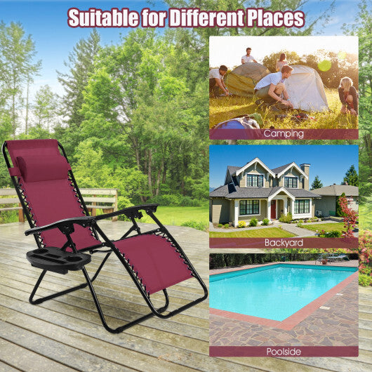 2 Pieces Folding Lounge Chair with Zero Gravity-Dark Red - Color: Dark Red