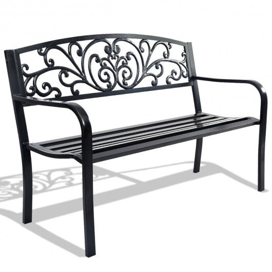 50 Inch Patio Park Steel Frame Cast Iron Backrest Bench Porch Chair - Color: Black