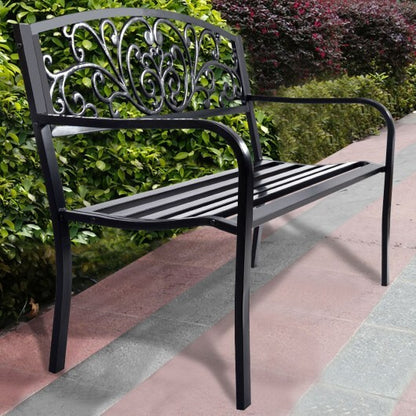 50 Inch Patio Park Steel Frame Cast Iron Backrest Bench Porch Chair - Color: Black