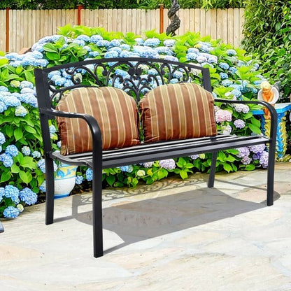 50 Inch Patio Park Steel Frame Cast Iron Backrest Bench Porch Chair - Color: Black