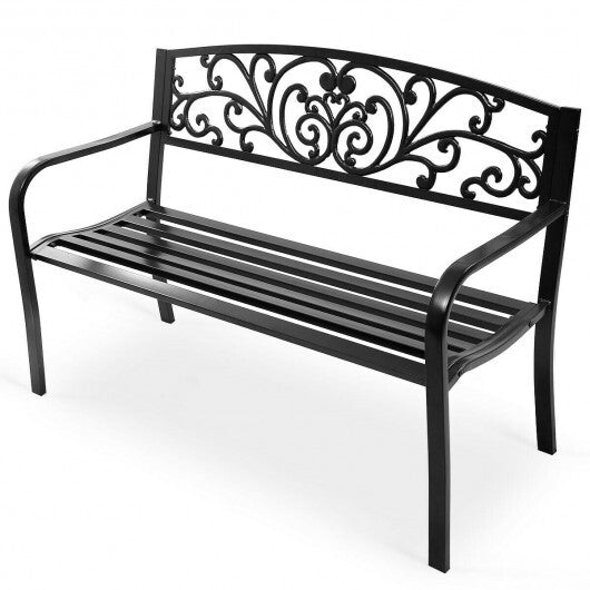 50 Inch Patio Park Steel Frame Cast Iron Backrest Bench Porch Chair - Color: Black