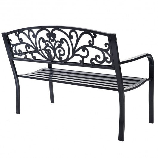 50 Inch Patio Park Steel Frame Cast Iron Backrest Bench Porch Chair - Color: Black