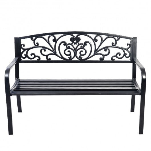 50 Inch Patio Park Steel Frame Cast Iron Backrest Bench Porch Chair - Color: Black