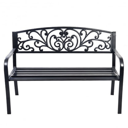 50 Inch Patio Park Steel Frame Cast Iron Backrest Bench Porch Chair - Color: Black