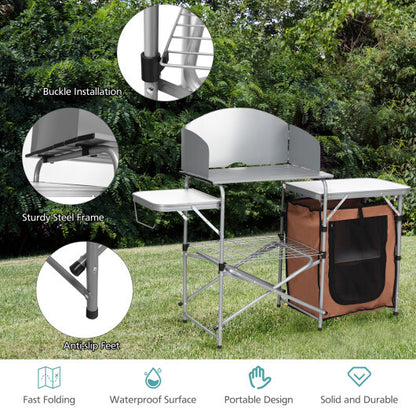 Foldable Outdoor BBQ Portable Grilling Table With Windscreen Bag - Color: Brown