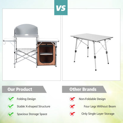 Foldable Outdoor BBQ Portable Grilling Table With Windscreen Bag - Color: Brown