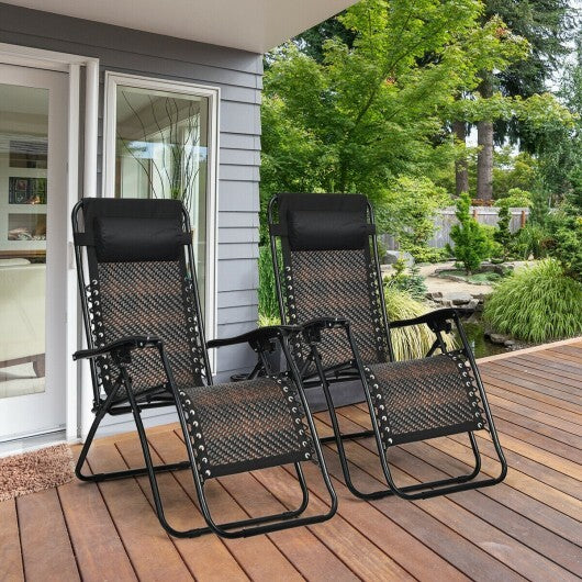 2 Pieces Folding Patio Rattan Zero Gravity Lounge Chair-Brown - Color: Brown