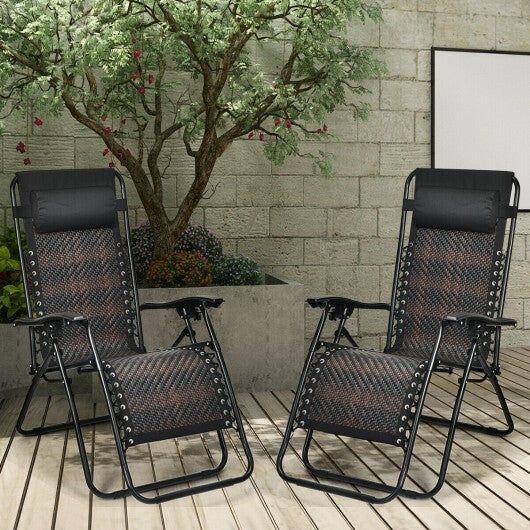 2 Pieces Folding Patio Rattan Zero Gravity Lounge Chair-Brown - Color: Brown