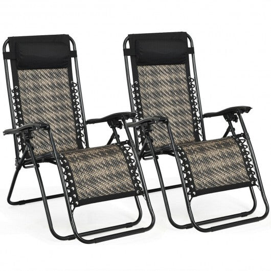 2 Pieces Folding Patio Rattan Zero Gravity Lounge Chair-Gray - Color: Gray