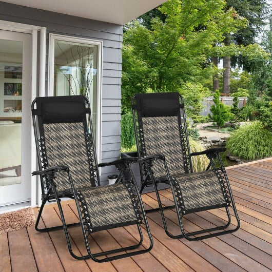 2 Pieces Folding Patio Rattan Zero Gravity Lounge Chair-Gray - Color: Gray