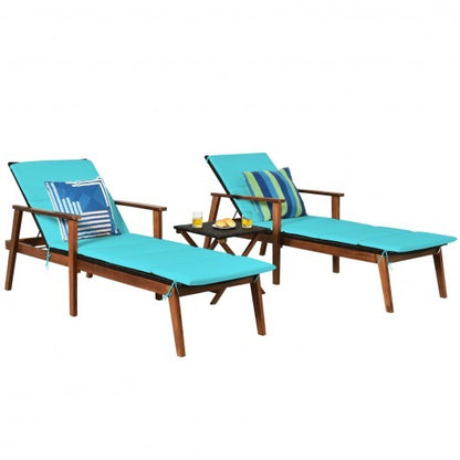 3 Pieces Portable Patio Cushioned Rattan Lounge Chair Set with Folding Table-Turquoise - Color: Turquoise