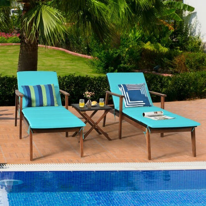 3 Pieces Portable Patio Cushioned Rattan Lounge Chair Set with Folding Table-Turquoise - Color: Turquoise