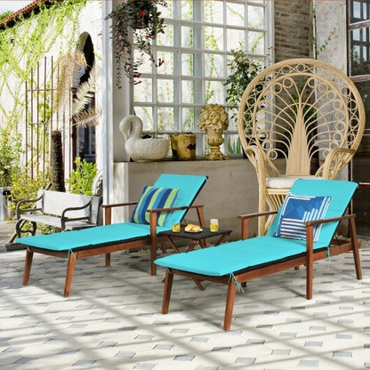 3 Pieces Portable Patio Cushioned Rattan Lounge Chair Set with Folding Table-Turquoise - Color: Turquoise