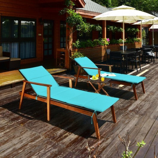 3 Pieces Portable Patio Cushioned Rattan Lounge Chair Set with Folding Table-Turquoise - Color: Turquoise