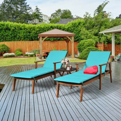 3 Pieces Portable Patio Cushioned Rattan Lounge Chair Set with Folding Table-Turquoise - Color: Turquoise