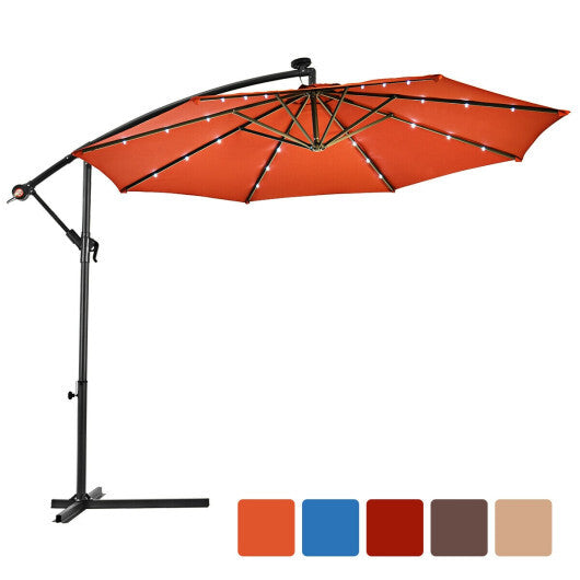 10 Inch Patio Hanging Solar LED Umbrella Sun Shade with Cross Base-Orange - Color: Orange - Size: 10 ft