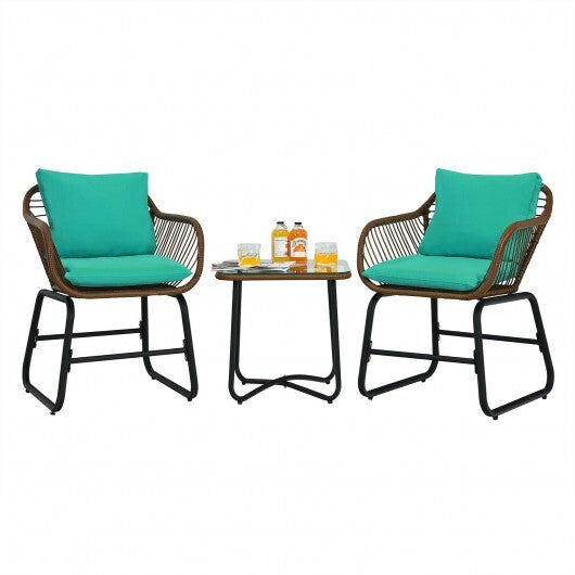 3 Pieces Patio Rattan Bistro Set Cushioned Chair Glass Table Deck-Turquoise - Color: Turquoise