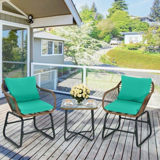 3 Pieces Patio Rattan Bistro Set Cushioned Chair Glass Table Deck-Turquoise - Color: Turquoise