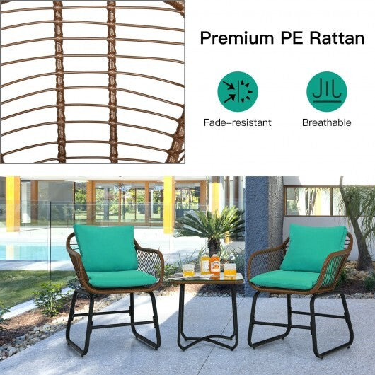 3 Pieces Patio Rattan Bistro Set Cushioned Chair Glass Table Deck-Turquoise - Color: Turquoise