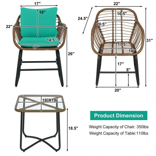 3 Pieces Patio Rattan Bistro Set Cushioned Chair Glass Table Deck-Turquoise - Color: Turquoise