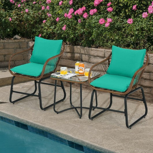 3 Pieces Patio Rattan Bistro Set Cushioned Chair Glass Table Deck-Turquoise - Color: Turquoise