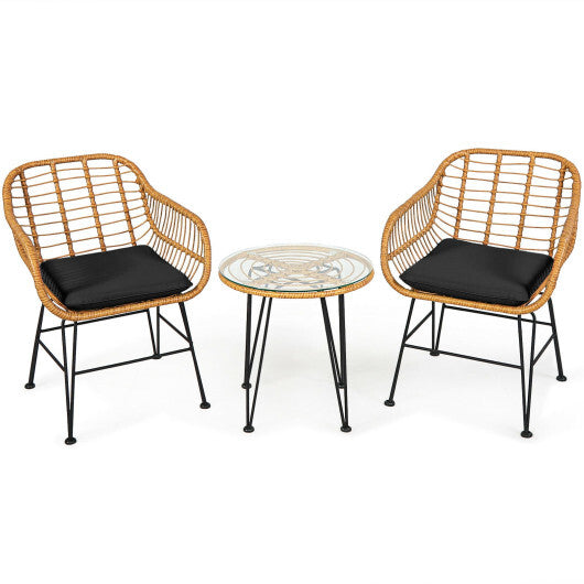 3 Pieces Rattan Furniture Set with Cushioned Chair Table-Black - Color: Black