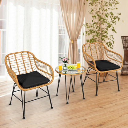 3 Pieces Rattan Furniture Set with Cushioned Chair Table-Black - Color: Black