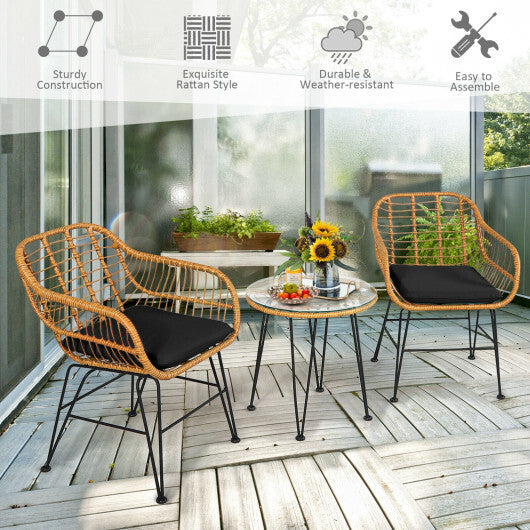 3 Pieces Rattan Furniture Set with Cushioned Chair Table-Black - Color: Black