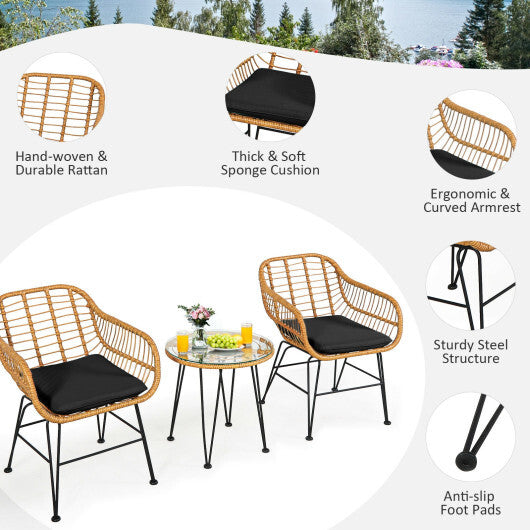 3 Pieces Rattan Furniture Set with Cushioned Chair Table-Black - Color: Black