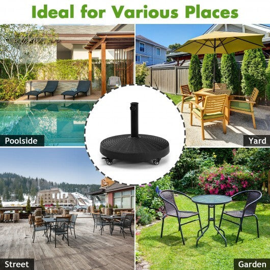 50 LBS Patio Wicker Style Resin Umbrella Base Stand Heavy Duty with Wheels - Color: Black