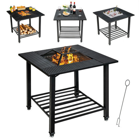 31 Inch Outdoor Fire Pit Dining Table with Cooking BBQ Grate - Color: Black