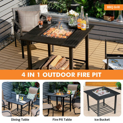 31 Inch Outdoor Fire Pit Dining Table with Cooking BBQ Grate - Color: Black